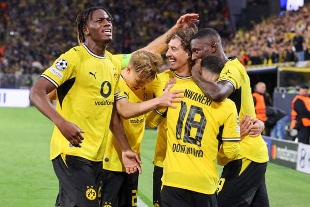 Dortmund, Deutschland: 08.09..2026 - UEFA Champions League 2026 27 - Borussia Dortmund vs. FC Villarreal Im Bild: Torschütze Serhou Guirassy (BVB), rechts im Bild macht das Tor zum 2:1 für Dortmund und jubelt mit seinen Mannschaftskollegen (DFL DFB REGULATIONS PROHIBIT ANY USE OF PHOTOGRAPHS as IMAGE SEQUENCES and or QUASI-VIDEO)
