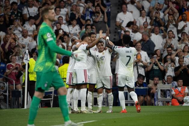 UEFA Champions League 2026 2027 - Real Madrid vs. Inter Milan in Madrid, Spain - 8 Sep 2026 Real Madrid players celebrate a goal during the 2026 2027 UEFA Champions League match between Real Madrid and Inter Milan. Madrid Spain Copyright: xDavidxCanalesx xSOPAxImagesx David-Canales-1447943