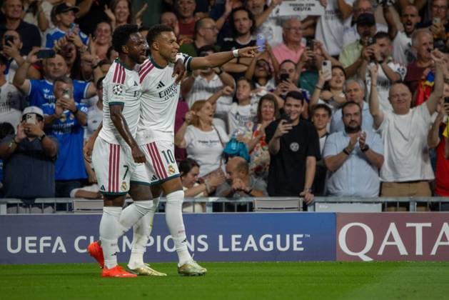 UEFA Champions League 2026 2027 - Real Madrid vs. Inter Milan in Madrid, Spain - 8 Sep 2026 Kylian Mbappé and Vinícius Jr. (Real Madrid) celebrate a goal during the 2026 2027 UEFA Champions League match between Real Madrid and Inter Milan. Madrid Spain Copyright: xDavidxCanalesx xSOPAxImagesx David-Canales-1447947
