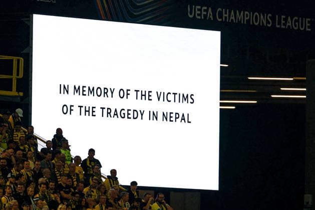 UEFA Champions League: Borussia Dortmund vs. Villarreal on September 8, 2026, at Signal Iduna Park in Dortmund; scoreboard and video screen in memory of the victims of the tragedy in Nepal MH