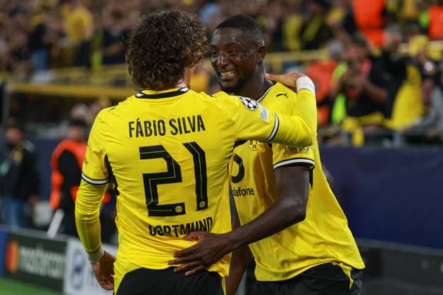 UEFA Champions League: Borussia Dortmund vs. Villarreal on September 8, 2026, at Signal Iduna Park in Dortmund—cheers, goal celebrations, goal scorers, goal scorer Serhou Guirassy (Dortmund 9) celebrates after scoring to make it 2–1, with Fabio Silva (Dortmund 21) MH