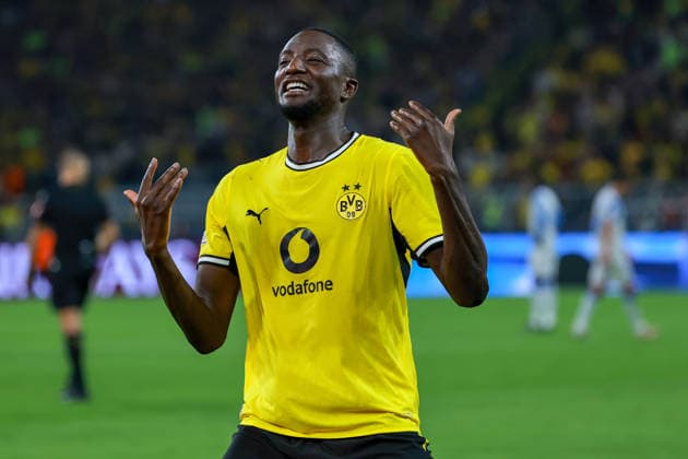 UEFA Champions League: Borussia Dortmund vs. Villarreal on September 8, 2026, at Signal Iduna Park in Dortmund—cheers, goal celebrations, goal scorers; Serhou Guirassy, Dortmund No. 9, celebrates after scoring the goal that made it 2–1 MH
