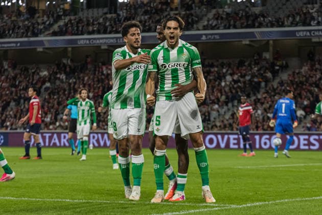 Pablo Fornals and Marc Bartra celebrating after goal seen during the during UEFA Champions League 26 27 League Phase - Matchday 1 match between teams of LOSC Lille and Real Betis Balompie (Jan Borys Ball Raw Images) Lille Decathlon Arena Stade Pierre-Mauroy France Copyright: xJanxBorysx janborys_lille_betis_26 27-36