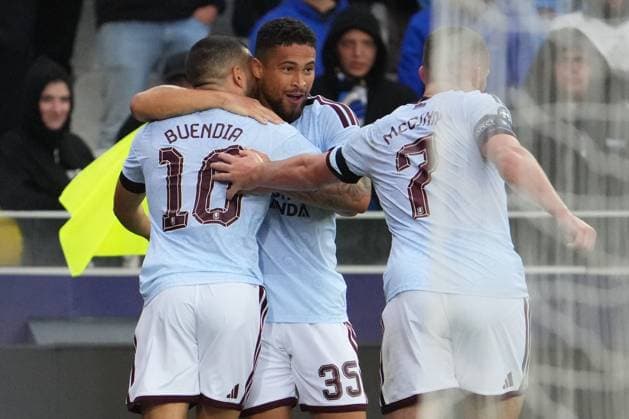Emiliano Buendia of Aston Villa is congratulated by Joao Gomes of Aston Villa and John McGinn of Aston Villa after he puts his side 2-1 ahead Club Brugge v Aston Villa, UEFA Champions League, League Stage, Football, Jan Breydel Stadium, Brugge, Belgium - 08 Sep 2026Brugge Jan Breydel Stadium Belgium  Copyright: xDavexWInter Shutterstockx 17139355fn