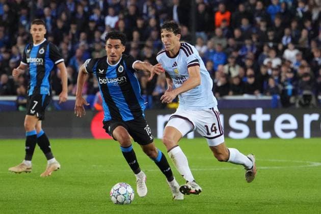 Pau Torres of Aston Villa takes on Cheveyo Tsawa of Club Brugge Club Brugge v Aston Villa, UEFA Champions League, League Stage, Football, Jan Breydel Stadium, Brugge, Belgium - 08 Sep 2026Brugge Jan Breydel Stadium Belgium  Copyright: xDavexWInter Shutterstockx 17139355lb