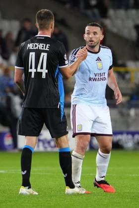 John McGinn of Aston Villa and Brandon Mechele of Club Brugge at the end of the match Club Brugge v Aston Villa, UEFA Champions League, League Stage, Football, Jan Breydel Stadium, Brugge, Belgium - 08 Sep 2026Brugge Jan Breydel Stadium Belgium  Copyright: xDavexWInter Shutterstockx 17139355ly