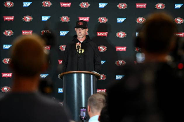 NFL, American Football Herren, USA 49ERS TRAINING, San Francisco 49ers head coach Kyle Shanahan speaks to media ahead of an NFL training session at AAMI Park in Melbourne, Wednesday, September 9, 2026. ( NO ARCHIVING MELBOURNE VICTORIA AUSTRALIA  Copyright: xJOELxCARRETTx 20260909174689542762
