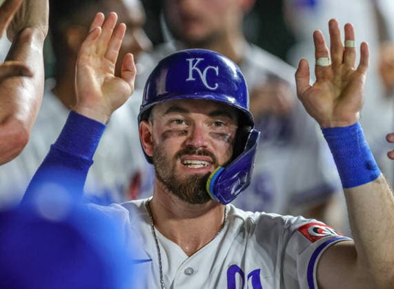 SEP 8, 2026: Kansas City Royals infielder Nick Loftin (12) celebrates in the dugout in the 9th inning against the Diamondbacks at Kauffman Stadium Kansas City, MO. CSM Kansas City United States - ZUMAc04_ 20260908_zma_c04_029 Copyright: xRomanxPunox