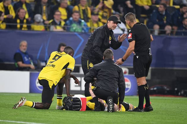 Konstantinos KARETSAS (DO) Injury, injured, pain, receiving treatment Borussia Dortmund vs. FC Villarreal 3–2 Soccer UEFA Champions League Group Stage Matchday 1, on September 8, 2026, in Dortmund, Germany UEFA regulations prohibit any use of photographs as image sequences and or quasi-video.
