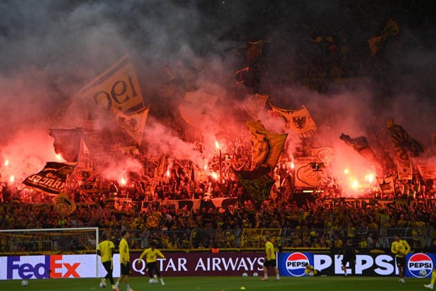 Borussia Dortmund fans set off pyrotechnics, pyro, smoke bombs, flares, and light flares, Borussia Dortmund vs. FC Villarreal 3–2 Soccer UEFA Champions League Group Stage Matchday 1, on September 8, 2026, in Dortmund, Germany. UEFA regulations prohibit any use of photographs as image sequences and or quasi-video.