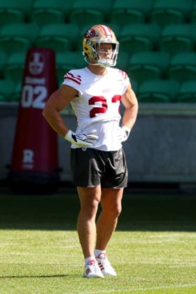 September 9, 2026, Melbourne, Victoria, Australia: Christian McCaffrey 23 of San Francisco 49ers during practice at an NFL, American Football Herren, USA media opportunity at AAMI Park on September 09, 2026 in Melbourne, Australia. Melbourne Australia - ZUMAp121 20260909_zsp_p121_022 Copyright: xChrisxPutnamx