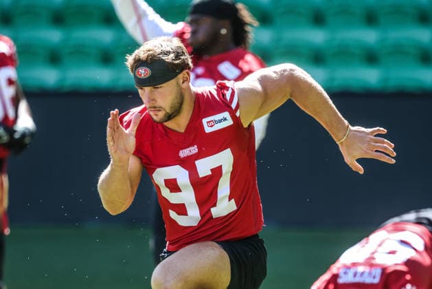 September 9, 2026, Melbourne, Victoria, Australia: Nick Bosa 97 of San Francisco 49ers during practice at an NFL, American Football Herren, USA media opportunity at AAMI Park on September 09, 2026 in Melbourne, Australia. Melbourne Australia - ZUMAp121 20260909_zsp_p121_027 Copyright: xChrisxPutnamx