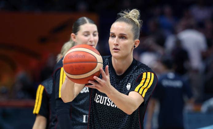 Leonie Fiebich with the ball during warm-ups; Upper-body exercise; Basketball; FIBA World Cup; Women s World Championship; 2026–2027 season; August 9, 2026; DBB; Germany (GER) vs. South Korea (KOR)