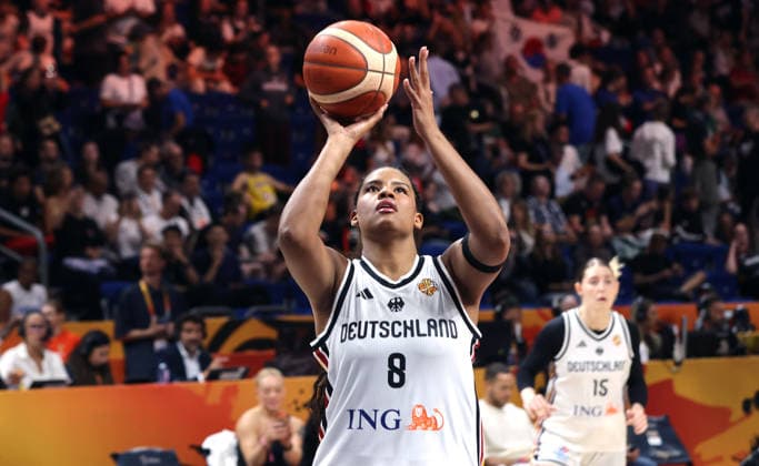 Nyara Sabally with the ball as she shoots; upper body action; sports; basketball; FIBA World Cup; Women s World Championship; 2026-2027 season; August 9, 2026; DBB; Germany (GER) vs. South Korea (KOR)