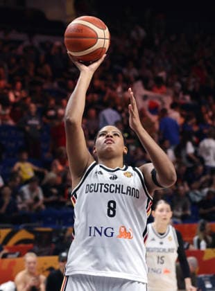 Nyara Sabally with the ball as she shoots; upper body action; sports; basketball; FIBA World Cup; Women s World Championship; 2026-2027 season; August 9, 2026; DBB; Germany (GER) vs. South Korea (KOR)