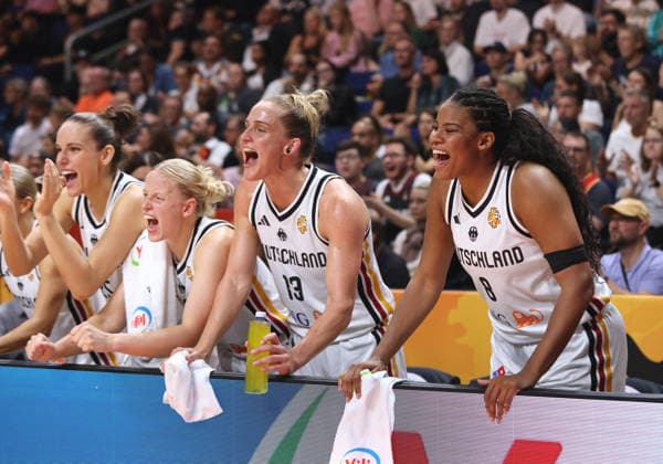Clara Bielefeld, Emma Eichmeyer, Leonie Fiebich, Nyara Sabally celebrate joy emotion celebration sports basketball FIBA World Cup Women s World Championship 2026-2027 season August 9, 2026 DBB Germany GER vs. South Korea KOR