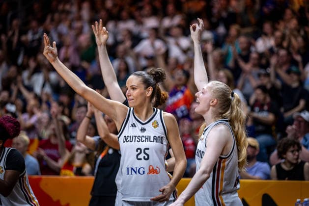 Basketball Berlin, September 8, 2026 FIBA Women’s Basketball World Cup Germany 2026 Quarterfinal Qualifier Germany (GER) vs. South Korea (KOR) Clara celebrating in Bielefeld, Germany; No. 25 Frida Bühner, Germany; No. 20