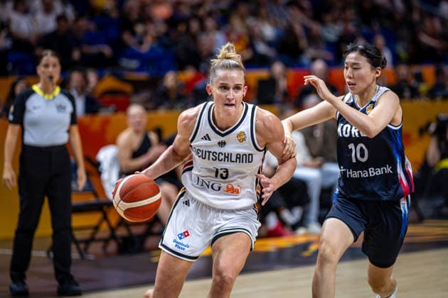 Basketball Berlin, September 8, 2026, FIBA Women s Basketball World Cup Germany 2026, Quarterfinal Qualifier: Germany (GER) vs. South Korea (KOR), Leonie Fiebich (Germany, No. 13) vs. Yoolim Kang (South Korea, No. 10)