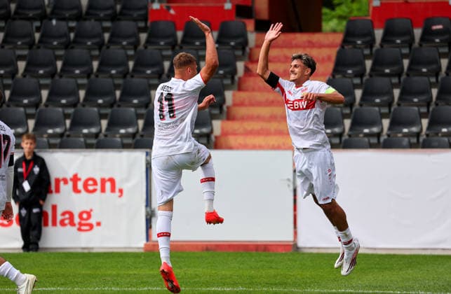 September 9, 2026, Stuttgart, UEFA Champions League, 2026–2027 season, VfB Stuttgart U19 vs. Viking U19, celebration after the 1–0 goal; from left: goal scorer Enis Redzepi (VfB) and Massimo Di Benedetto (VfB)