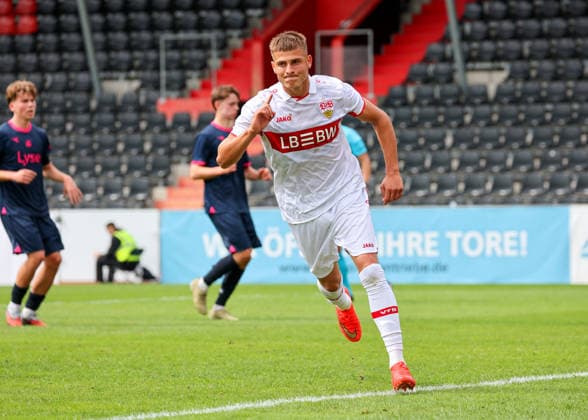 September 9, 2026, Stuttgart, Champions League, 2026–2027 season, VfB Stuttgart U19 vs. Viking U19, celebration after the 1–0 goal, goal scorer Enis Redzepi (VfB)