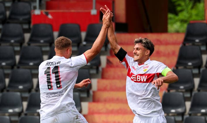 September 9, 2026, Stuttgart, Champions League soccer, 2026–2027 season, VfB Stuttgart U19 vs. Viking U19, celebration after the 1–0 goal; from left: goal scorer Enis Redzepi (VfB), Massimo Di Benedetto (VfB)