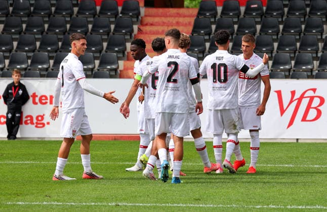 September 9, 2026, Stuttgart, UEFA Champions League, 2026–2027 season, VfB Stuttgart U19 vs. Viking U19, celebration after the 1–0 goal, goal scorer Enis Redzepi (VfB)