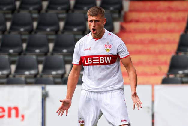 September 9, 2026, Stuttgart, UEFA Champions League, 2026–2027 season, VfB Stuttgart U19 vs. Viking U19, celebration after the 1–0 goal, goal scorer Enis Redzepi (VfB)