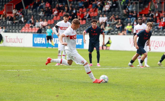 09 09 26 VfB Stuttgart U19 vs. Viking Stavanger U19 Germany, Großaspach, 09 09 2026, Soccer, UEFA Youth League, 2026–2027 Season, U19 VfB Stuttgart vs. U19 Viking Stavanger, Enis Redzepi, U19 VfB Stuttgart, Goal, Penalty Kick, 1–0, Redzepi
