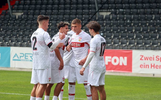 09 09 26 VfB Stuttgart U19 vs. Viking Stavanger U19 Germany, Großaspach, 09 09 2026, Soccer, UEFA Youth League, 2026–2027 season, U19 VfB Stuttgart vs. U19 Viking Stavanger, Enis Redzepi, U19 VfB Stuttgart, celebration, goal, penalty kick, 1–0, Redzepi