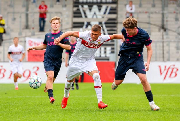 September 9, 2026, Stuttgart, UEFA Champions League, 2026–2027 season, VfB Stuttgart U19 vs. Viking U19, from left: Enis Redzepi (VfB), Aksel Tveit (FK)