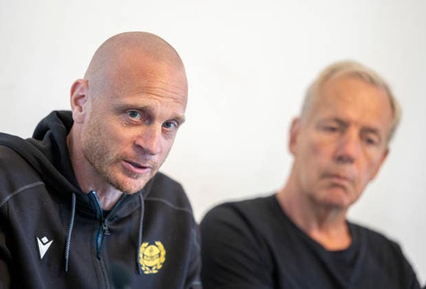 HÄLLEVIK, September 9, 2026: New head coach Andreas Brännström and sports director Hans Larsson at a press conference held by Mjällby AIF at the Strandvallen office in Hällevik on Wednesday. Mjällby fired coach Karl Marius Aksum this week. HÄLLEVIK SWEDEN x50090x  Copyright: xJohanxNilssonx xTTx DAMALLSVENSKAN MALMÖ FF-DJURGARDEN