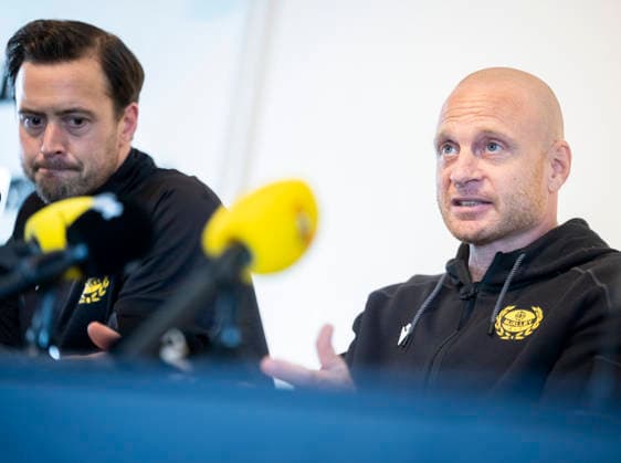 HÄLLEVIK, September 9, 2026: Club manager Jacob Lennartsson and new head coach Andreas Brännström at a press conference held by Mjällby AIF at the office at Strandvallen in Hällevik on Wednesday. Mjällby fired coach Karl Marius Aksum this week. HÄLLEVIK SWEDEN x50090x  Copyright: xJohanxNilssonx xTTx DAMALLSVENSKAN MALMÖ FF-DJURGARDEN