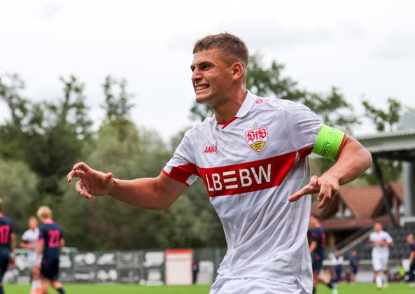 September 9, 2026, Stuttgart, Champions League soccer, 2026–2027 season, VfB Stuttgart U19 vs. Viking U19, celebration after the 3–0 goal, goal scorer Enis Redzepi (VfB)