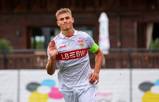 September 9, 2026, Stuttgart, UEFA Champions League, 2026–2027 season, VfB Stuttgart U19 vs. Viking U19, celebration after the 3–0 goal, goal scorer Enis Redzepi (VfB)