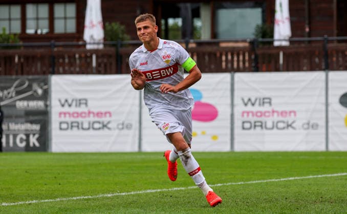 September 9, 2026, Stuttgart, UEFA Champions League, 2026–2027 season, VfB Stuttgart U19 vs. Viking U19, celebration after the 3–0 goal, goal scorer Enis Redzepi (VfB)