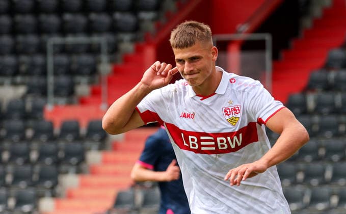 September 9, 2026, Stuttgart, UEFA Champions League, 2026–2027 season, VfB Stuttgart U19 vs. Viking U19, celebration after the 1–0 goal, goal scorer Enis Redzepi (VfB)