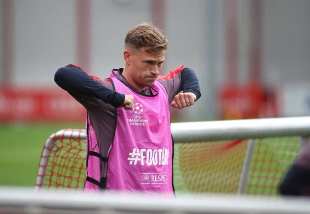 Soccer, Men s, Champions League, 2026–2027 Season, FC Bayern Munich, Final Training Session: Joshua Kimmich of FC Bayern Munich struts, raises both arms at a bend, attack