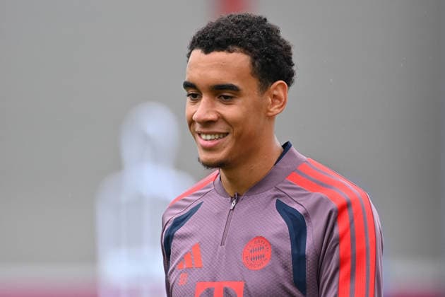 Jamal MUSIALA, Bayern Munich; laughing, laughs, laughing, optimistic, in good spirits; action shot, single frame, cropped single subject, portrait; final training session for the Champions League soccer season 2026–27, League phase: FC Bayern Munich vs. Bodø Glimt on September 9, 2026