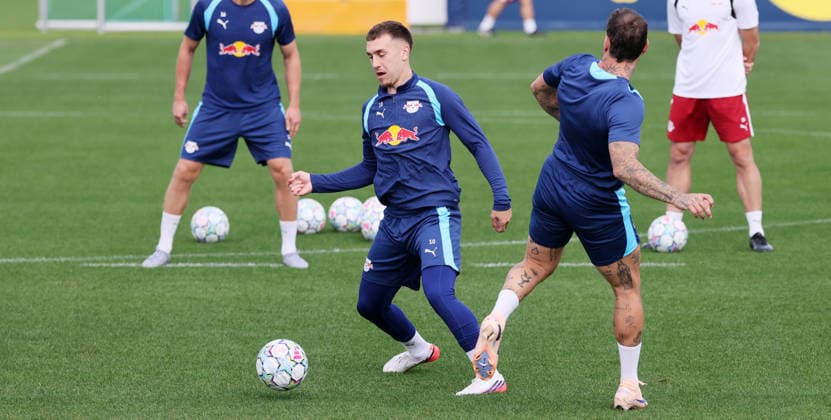 RB Leipzig Training: Champions League Matchday 1, Leipzig, September 9, 2026, Red Bull Academy, Soccer, Champions League, Matchday 1, RB Leipzig, Final training session before the away game in Como, Pictured from left: Brajan Gruda, David Raum, For editorial use only, Picture Point