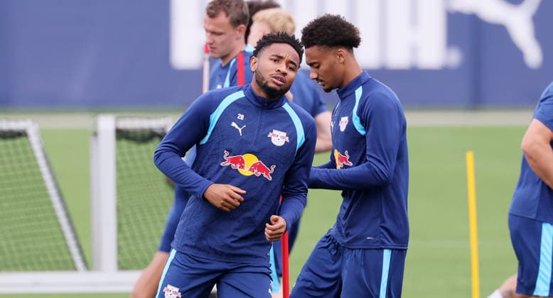 RB Leipzig Training: Champions League Matchday 1, Leipzig, September 9, 2026, Red Bull Academy, Soccer, Champions League, Matchday 1, RB Leipzig, Final training session before the away game in Como, Pictured: Warm-up, Christopher Nkunku, Tidiam Gomis, For editorial use only, Picture Point