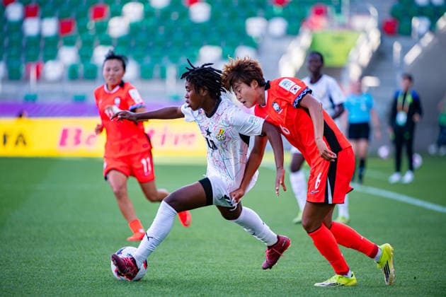 September 9, 2026, Sosnowiec, Silesian Voivodeship, Poland: ABESIK LATIFA of Ghana (L) competes the ball with AMPONSAH RUTH of Ghana (R) during the FIFA U20 Womens World Cup Poland 2026 match between Ghana versus Korea Republic at Arena Sosnowiec Stadium Sosnowiec Poland - ZUMAs385 20260909_zsp_s385_029 Copyright: xLeopoldxSoglox
