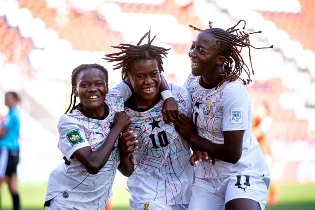 September 9, 2026, Sosnowiec, Silesian Voivodeship, Poland: AMPONSAH RUTH of Ghana (C) celebrates after scoring a goal 3-0 NYARKO SARAH of Ghana (L) and AKANYIREGE ANGEL of Ghana (R) during the FIFA U20 Womens World Cup Poland 2026 match between Ghana versus Korea Republic at Arena Sosnowiec Stadium Sosnowiec Poland - ZUMAs385 20260909_zsp_s385_030 Copyright: xLeopoldxSoglox
