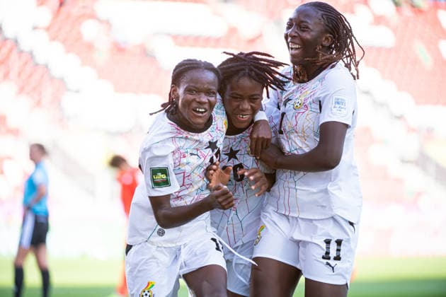 September 9, 2026, Sosnowiec, Silesian Voivodeship, Poland: AMPONSAH RUTH of Ghana (C) celebrates after scoring a goal 3-0 NYARKO SARAH of Ghana (L) and AKANYIREGE ANGEL of Ghana (R) during the FIFA U20 Womens World Cup Poland 2026 match between Ghana versus Korea Republic at Arena Sosnowiec Stadium Sosnowiec Poland - ZUMAs385 20260909_zsp_s385_031 Copyright: xLeopoldxSoglox