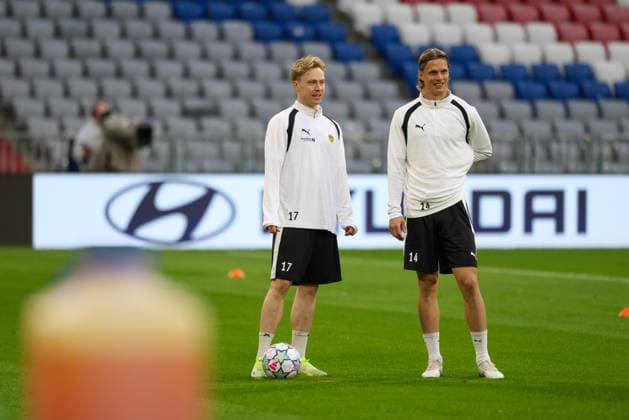 Ola Brynhildsen, FK Bodo Glimt, 17, with Ulrik Saltnes, FK Bodo Glimt, 14, at practice; GER; final practice and press conference; FK Bodo Glimt; soccer; UEFA Champions League; Matchday 1, League Stage, 2026–2027 Season, September 9, 2026, GER, final training session and press conference, FK Bodo Glimt, soccer, UEFA Champions League, Matchday 1, group stage, 2026–2027 season, September 9, 2026, Munich Copyright: xEibner-Pressefoto JennixMaulx EP_JML