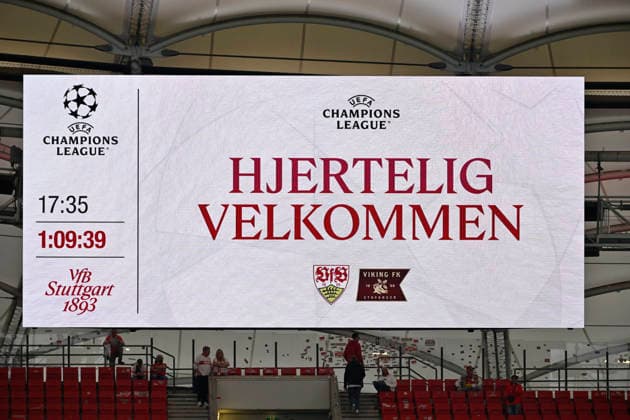 Before the game starts: Welcome message in Norwegian on the scoreboard: HJERTELIG VELKOMMEN Champions League VfB Stuttgart vs. Viking FK Stavanger 09 09 2026 DFL REGULATIONS PROHIBIT ANY USE OF PHOTOGRAPHS AS IMAGE SEQUENCES AND OR QUASI-VIDEO Champions League: VfB Stuttgart vs. Viking FK Stavanger