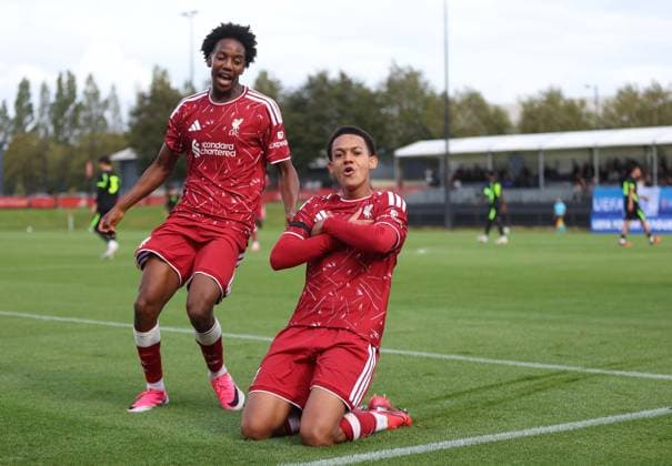 UEFA Youth League - Liverpool U18 v Atletico Madrid U18 LIVERPOOL, ENGLAND, SEPTEMBER 9: GOAL 2-0, Josh Sonni-Lambie of Liverpool goal celebration after scoring a goal to put Liverpool U18 2-0 ahead during The UEFA Youth League match between Liverpool U18 v Atletico Madrid U18 at Liverpool FC Academy Ground, Liverpool, England, on September 9. (Photo by Daniel Weir) Liverpool Liverpool Academy Ground England Copyright: xDanielxWeir SportsxPressxPhotox Sportspressphoto_SPR226785