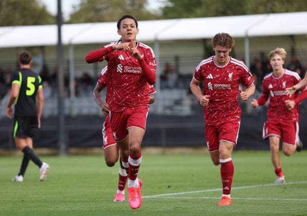 UEFA Youth League - Liverpool U18 v Atletico Madrid U18 LIVERPOOL, ENGLAND, SEPTEMBER 9: GOAL 2-0, Josh Sonni-Lambie of Liverpool goal celebration after scoring a goal to put Liverpool U18 2-0 ahead during The UEFA Youth League match between Liverpool U18 v Atletico Madrid U18 at Liverpool FC Academy Ground, Liverpool, England, on September 9. (Photo by Daniel Weir) Liverpool Liverpool Academy Ground England Copyright: xDanielxWeir SportsxPressxPhotox Sportspressphoto_SPR226790