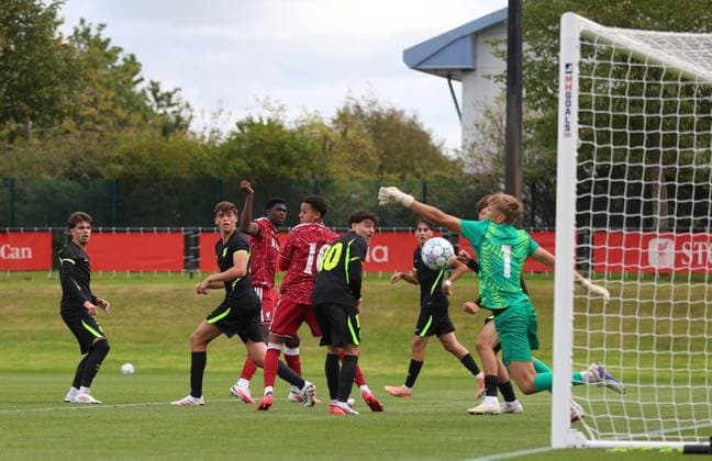 UEFA Youth League - Liverpool U18 v Atletico Madrid U18 LIVERPOOL, ENGLAND, SEPTEMBER 9: GOAL 1-0, Mor Talla Ndiaye of Liverpool scores a goal to put Liverpool U18 1-0 ahead during The UEFA Youth League match between Liverpool U18 v Atletico Madrid U18 at Liverpool FC Academy Ground, Liverpool, England, on September 9. (Photo by Daniel Weir) Liverpool Liverpool Academy Ground England Copyright: xDanielxWeir SportsxPressxPhotox Sportspressphoto_SPR226795
