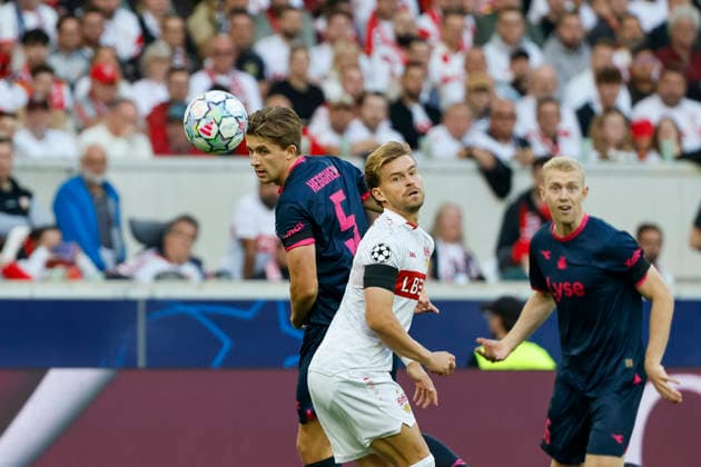 Henrik Heggheim of Viking Stavanger, No. 5, and Maximilian Mittelstädt of VfB Stuttgart, No. 7, battling for the ball; Germany, soccer, UEFA Champions League, Matchday 1, 2026–2027, VfB Stuttgart vs. Viking Stavanger, September 9, 2026, Stuttgart Arena, Stuttgart, Germany Copyright: xGrantxHubbsx