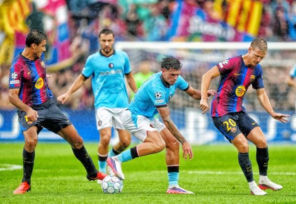 BARCELONA , 09-09-2026 , Spotify Camp Nou , season 2026 2027 , UEFA Champions League football , match between FC Barcelona, Barca and Feyenoord Rotterdam , picture shows Feyenoord player Javier Lopez , FC Barcelona player Rodri and FC Barcelona player Dani Olmo Barcelona - Feyenoord  x206777018x Copyright: